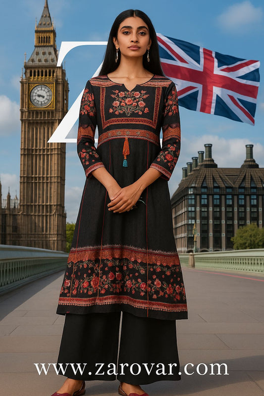 Black Muslin Printed Kurta