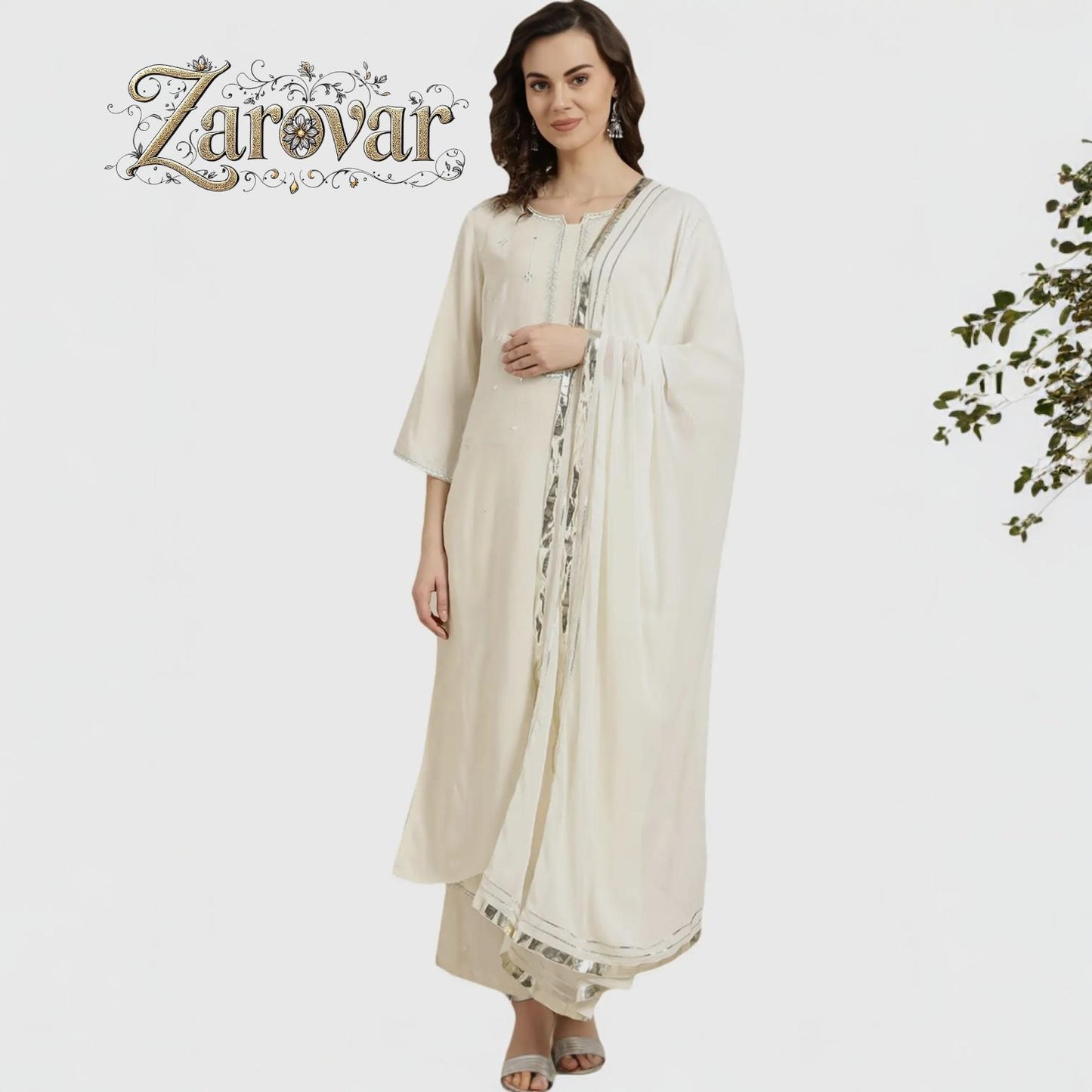 Cream Embroidered Kurta Palazzo Set With Dupatta