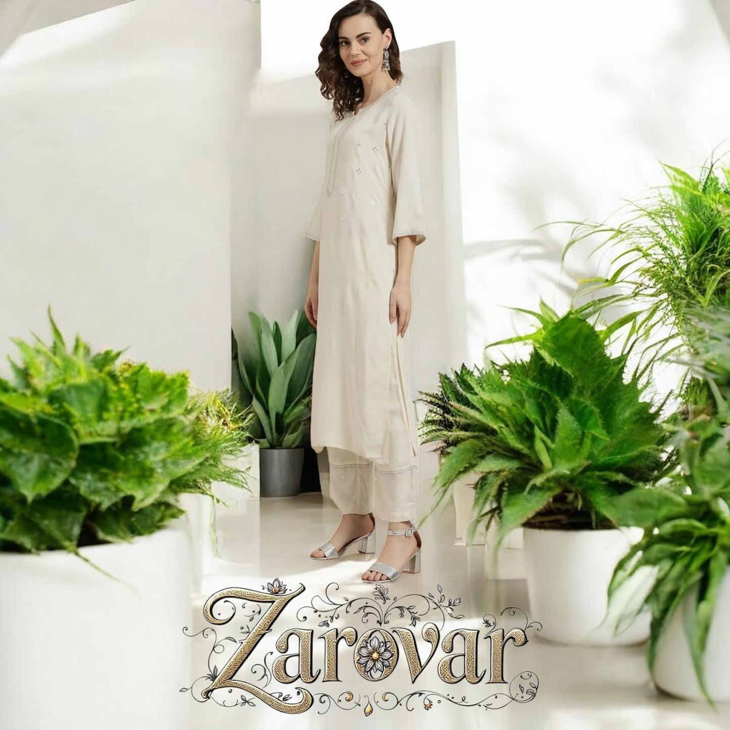 Cream Embroidered Kurta Palazzo Set With Dupatta