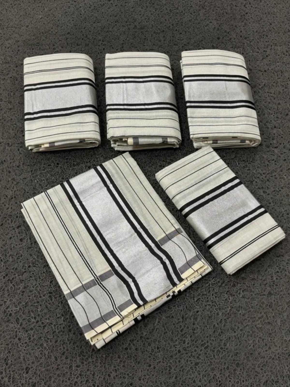Silver tissue black lined set mundu