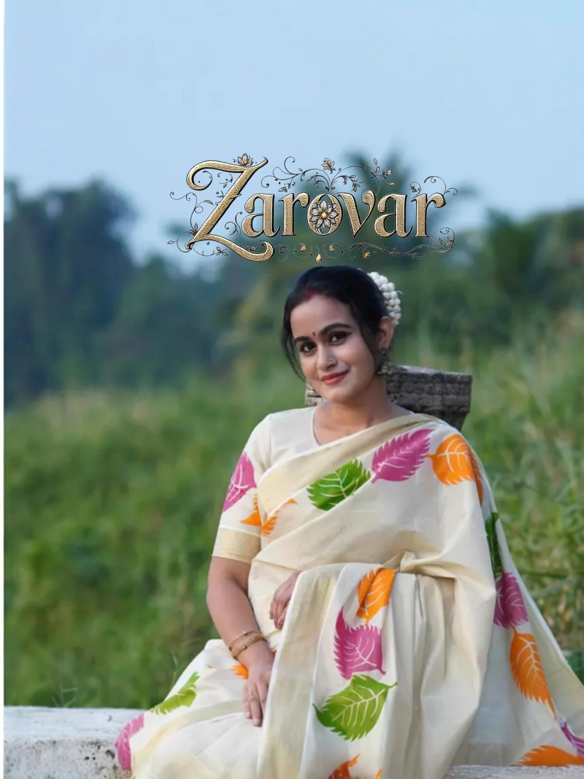 Elegant Multi-Colorerd Leaf Printed Golden Tissue Saree