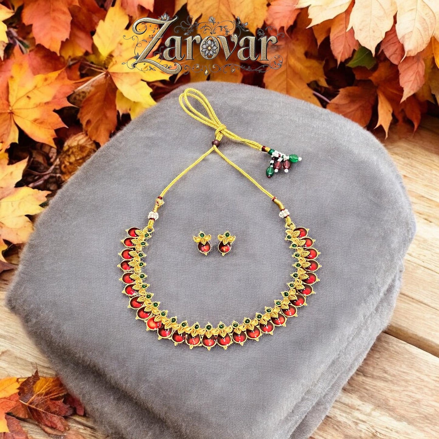 Antique Style Leaf Motif Necklace Set – Red & Green Accents