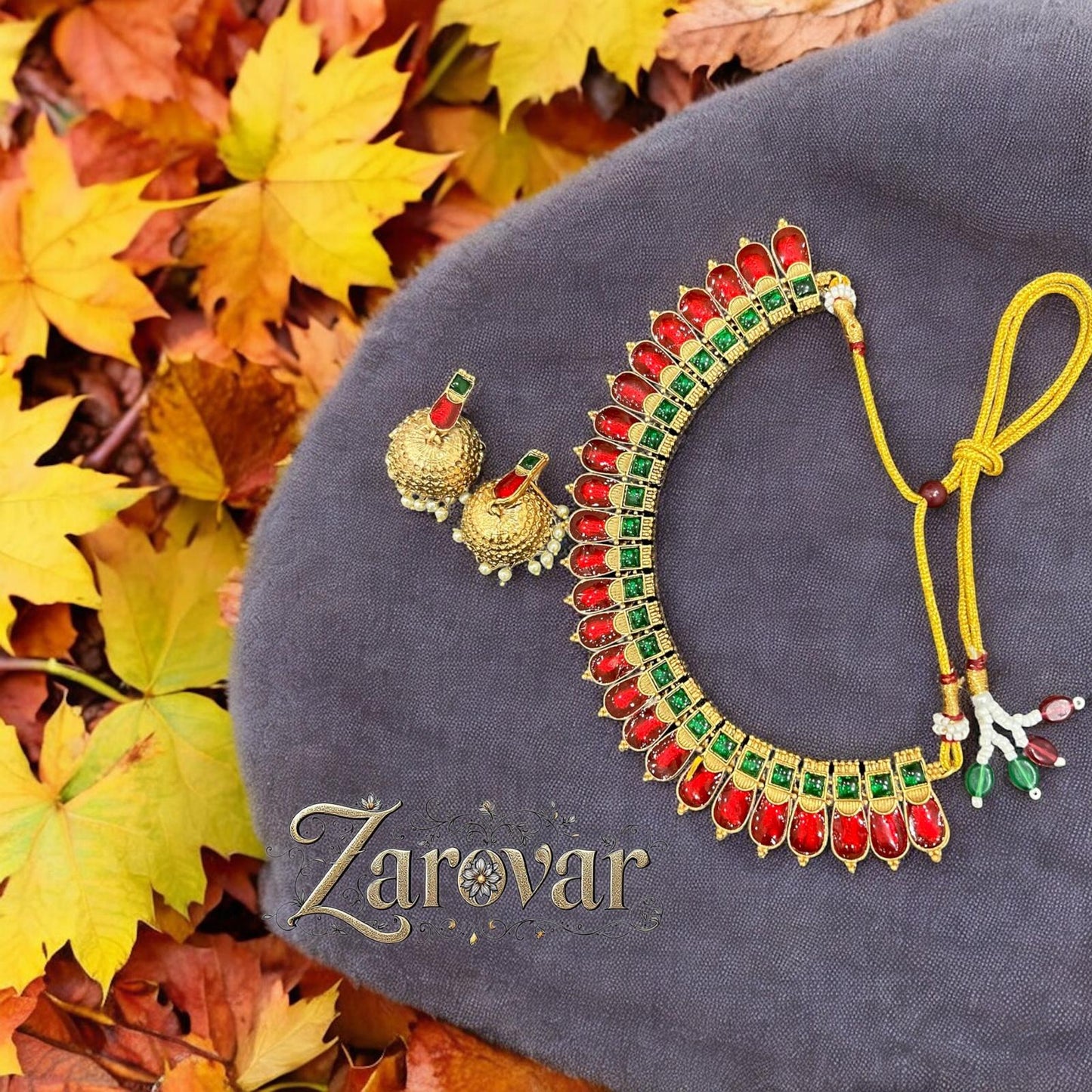 Antique Premium Quality Enamel Palakka Necklace with Matching Jhumka Earrings