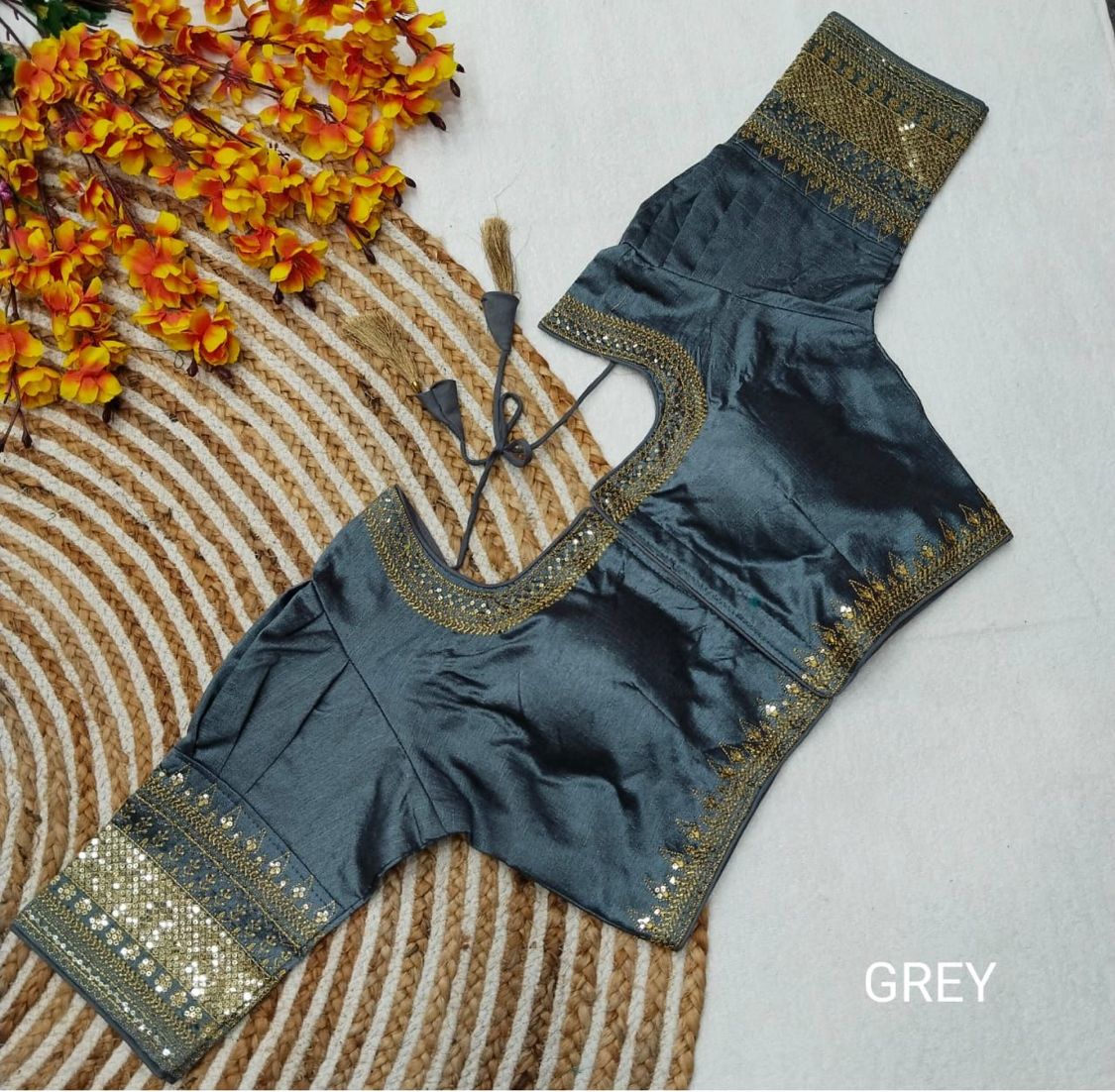 Jasmine Silk Embroidered Blouse – Grey