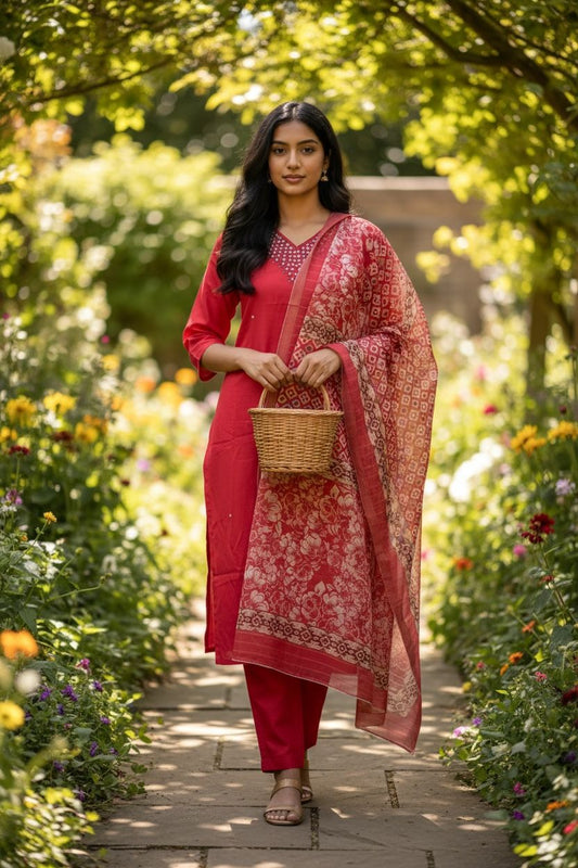 Bright pink Reyon-Silk Kurti Set with Orgenza Duppetta