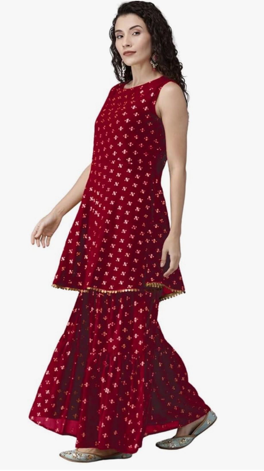 Women's Rayon Printed Anarkali Kurti with Sharara and Dupatta Set