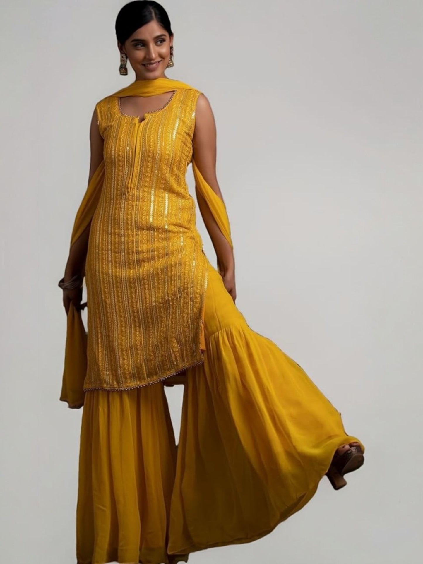 Bright Yellow Elegant Sleeveless Sequin Georgette Sharara Set