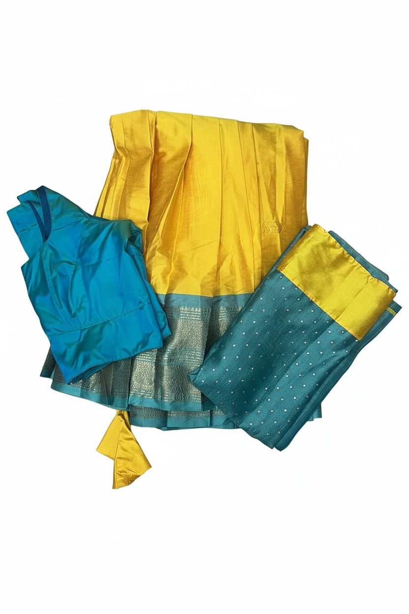 Festive Silk Dhavani Set with Contrast Border – Fully Stitched