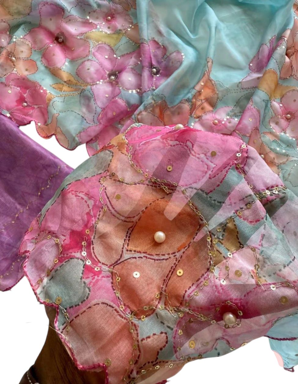 Elegant Tebby Silk Saree with Floral Prints, Diamond Work & Sequin Blouse