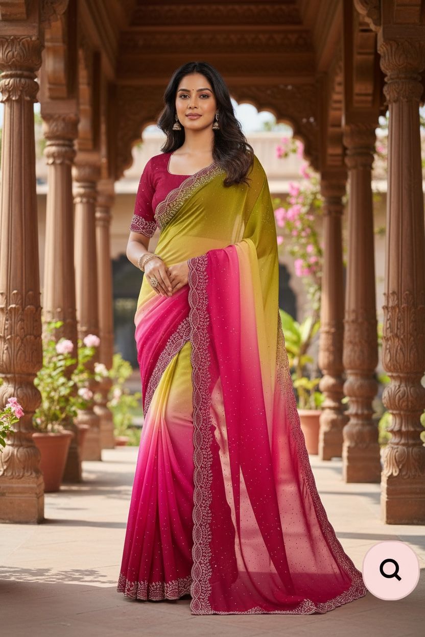 Georgette Saree with Swarovski Work & Contrast Blouse