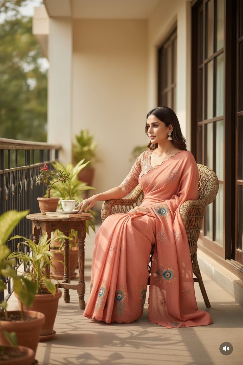 Soft Linen Peacock Feather Design Saree