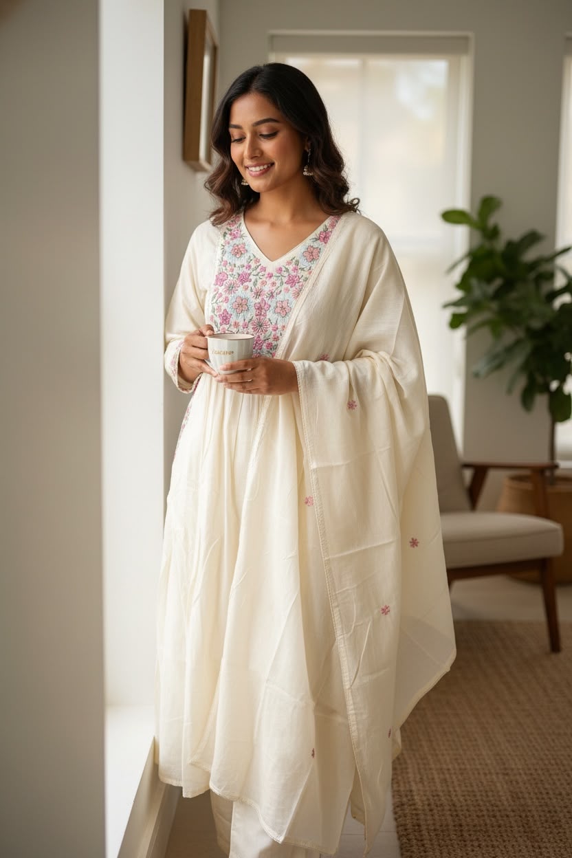 Peach Mul Cotton Embroidered Salwar Set with Dupatta