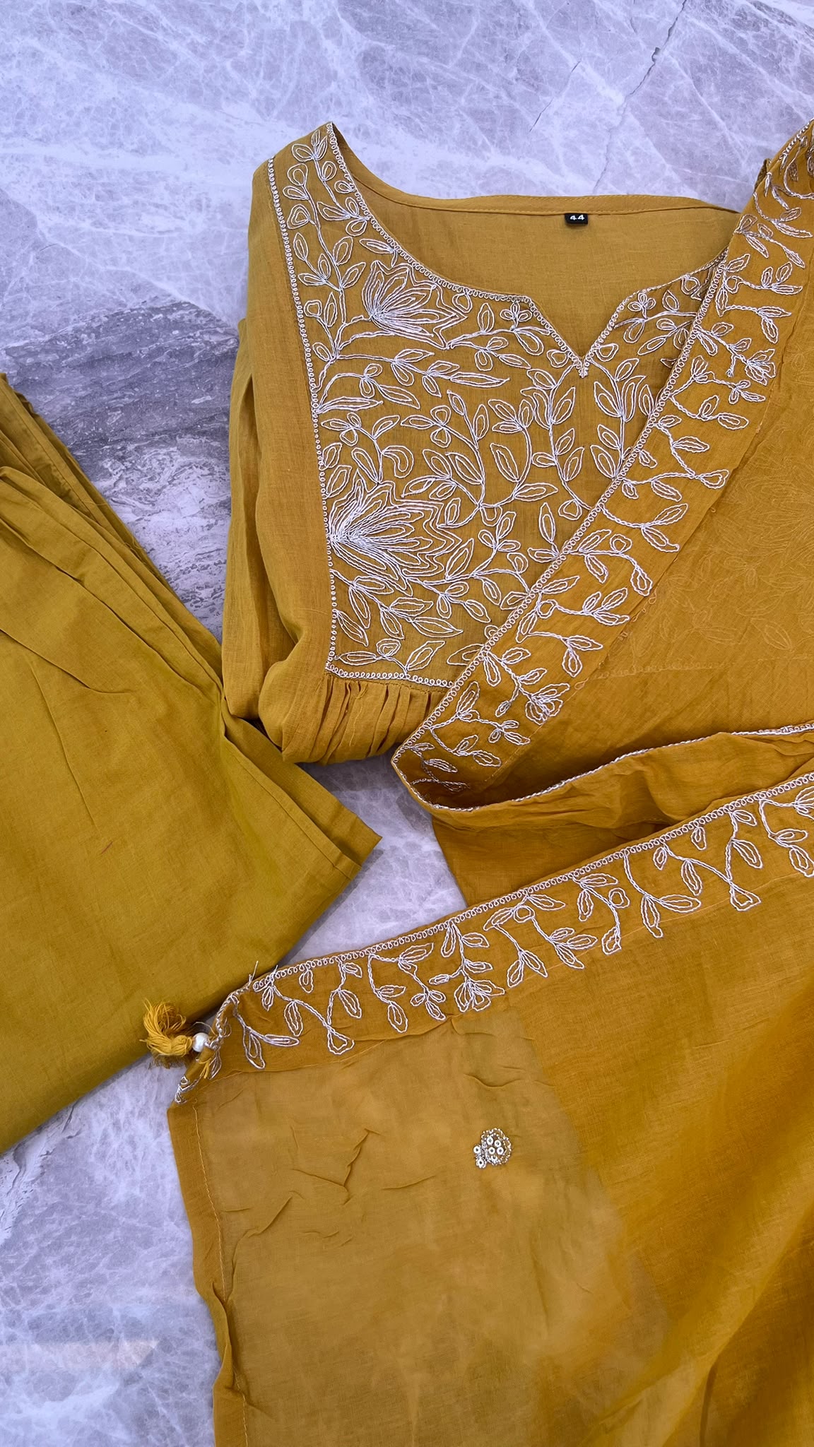 MUL56-Mustard Yellow Pure Mul Cotton Anarkali Salwar Set with Silver Thread Embroidery