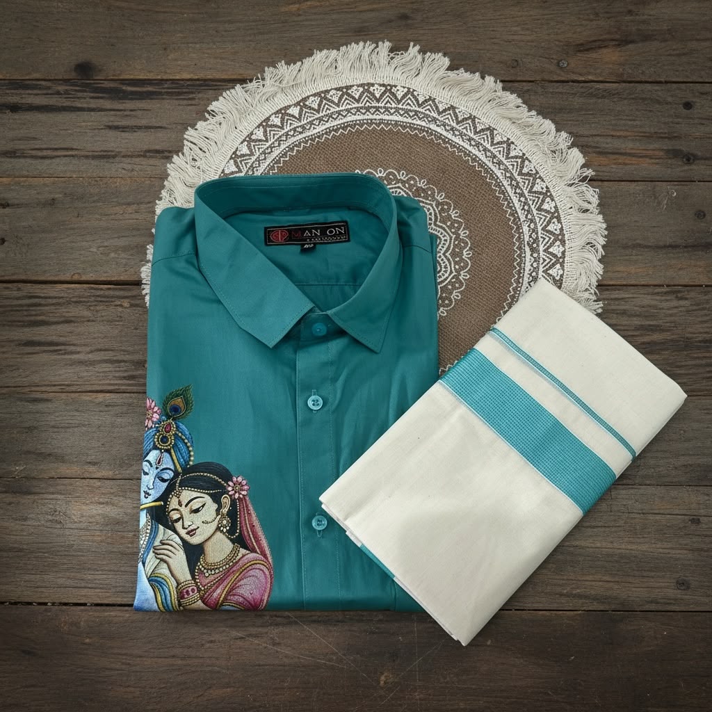 Radha Krishna Teal coloured mundu and shirt combo