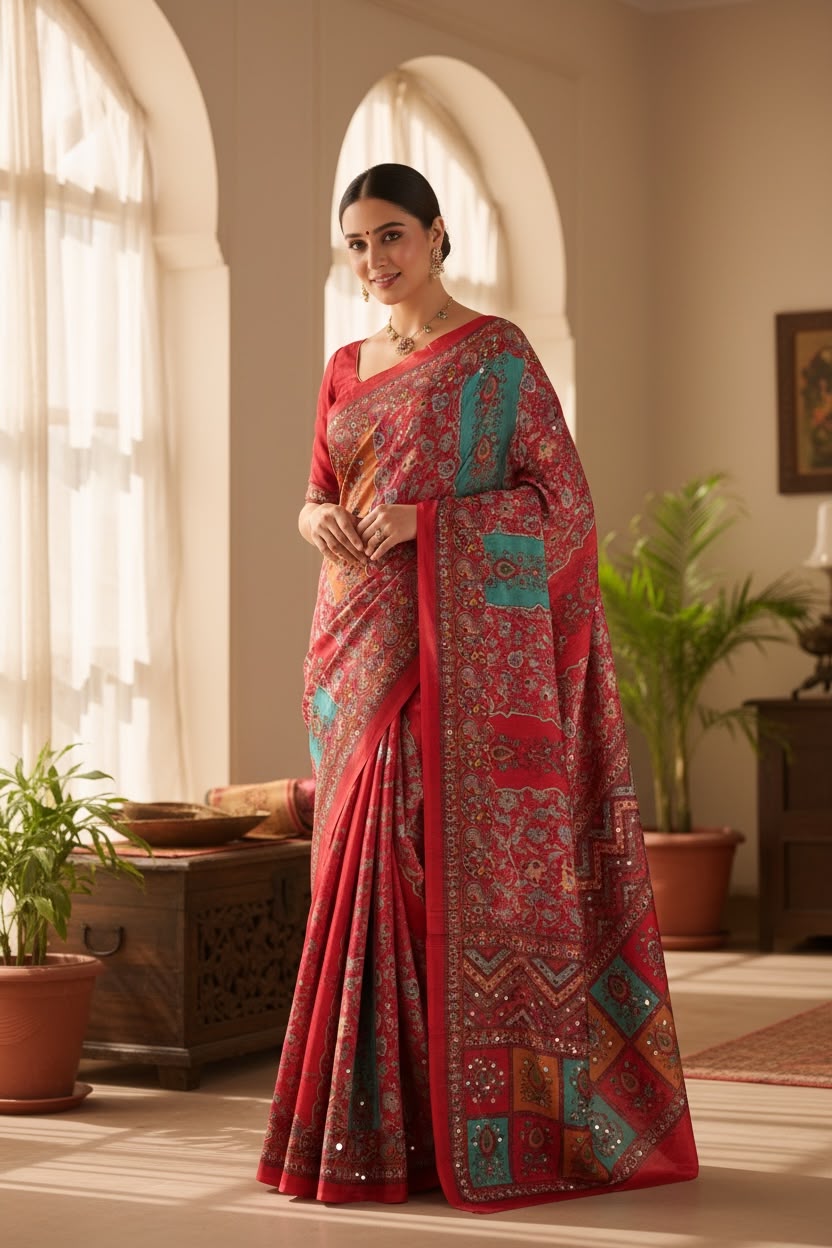 Multi-Colour Geometric Printed Mirror Work Masakali Saree - Woman’s