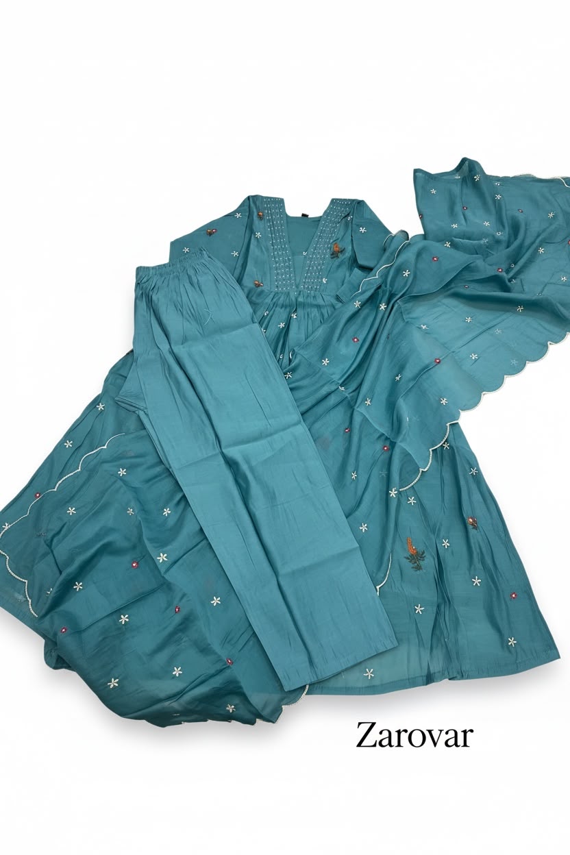Azure Bloom Mul Chanderi Anarkali Salwar Set