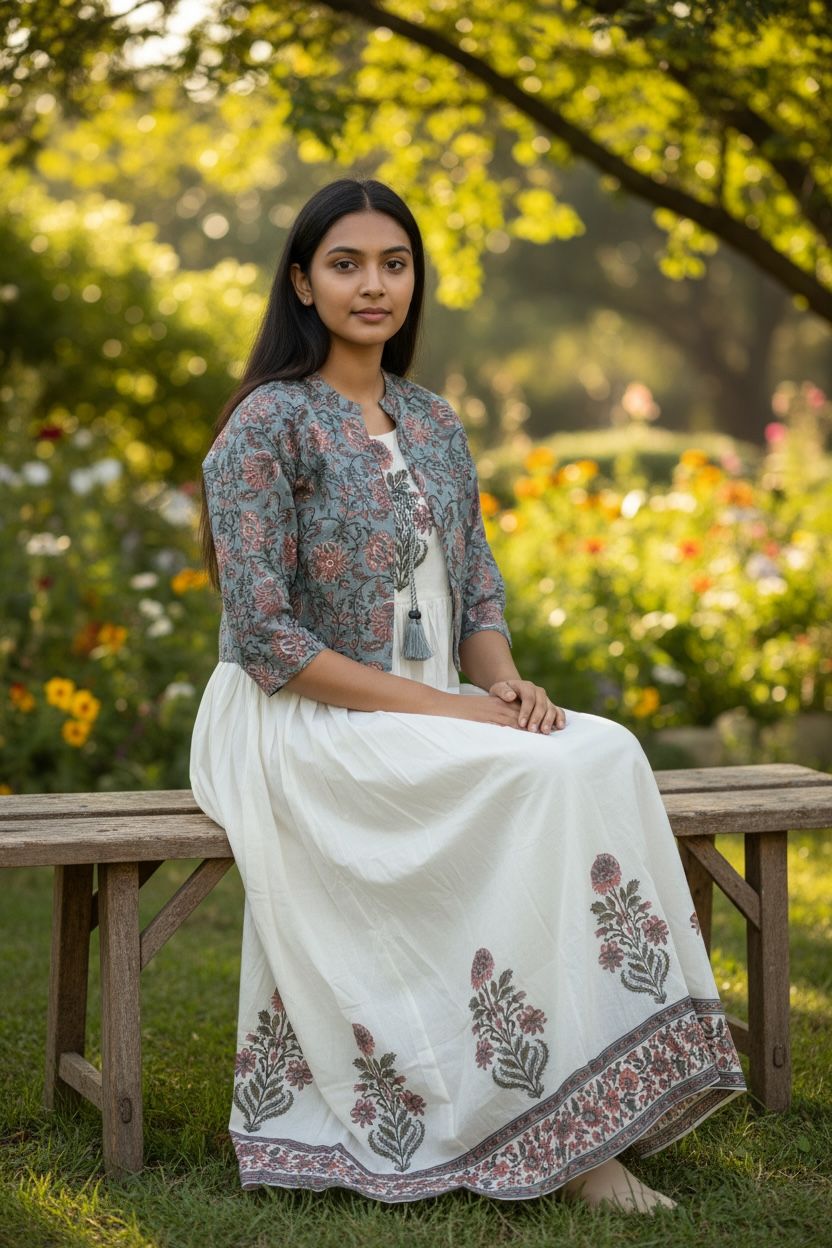 Off-White Mal Cotton Kurti/Dress Set with Printed Shrug