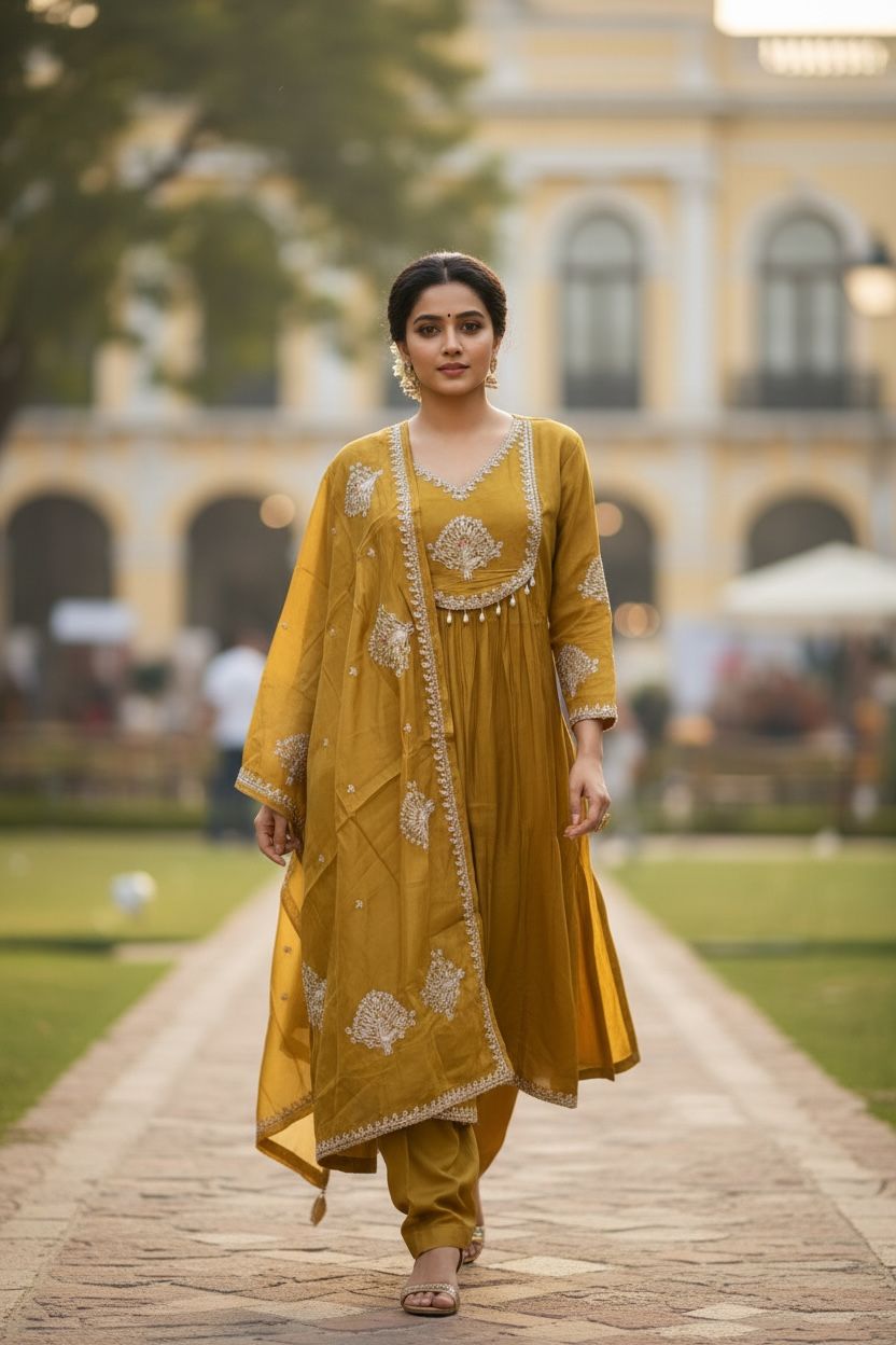 Mustard Yellow Mal Chanderi salwar set