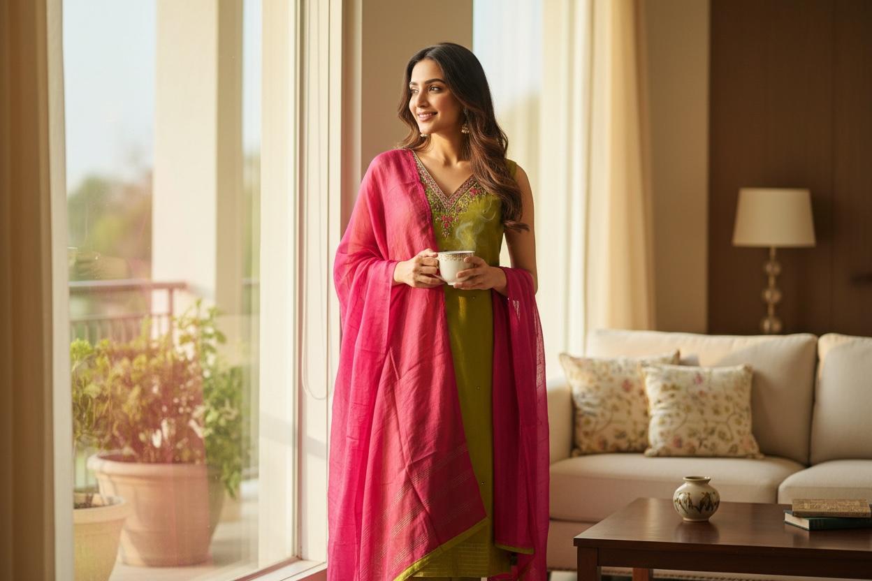 Olive Grace Soft Silk Salwar Set with Contrast Dupatta