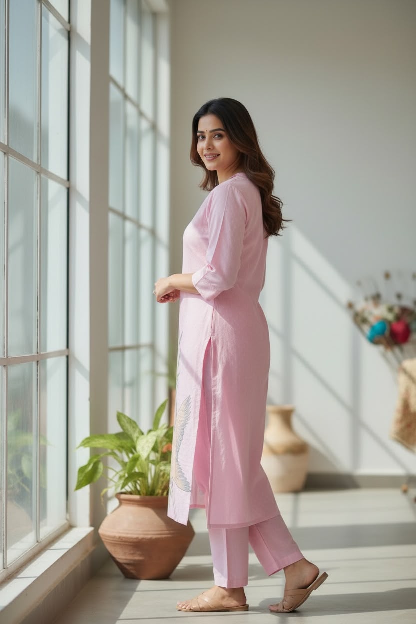 Blush Pink Pure Cotton Hand-Painted Salwar Set with Organza Dupatta