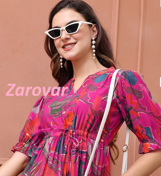 Women's Pink Floral Fit & Flare Midi Dress