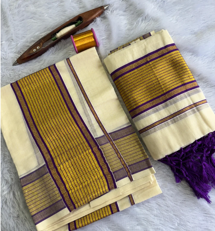Royal Purple & Gold Striped Kerala Set Mundu