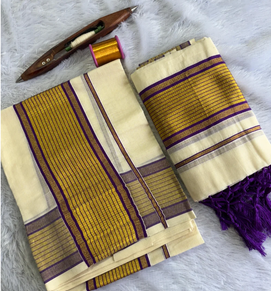 Royal Purple & Gold Striped Kerala Set Mundu