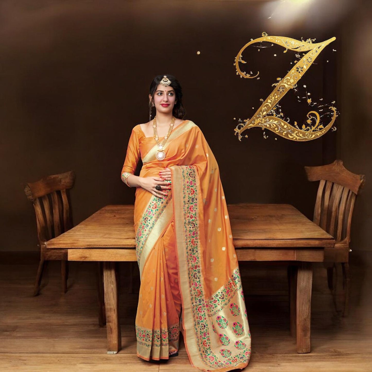 Light Orange Banarasi Silk Party Saree