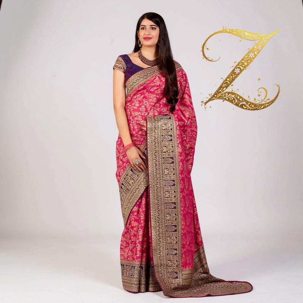 Rani pink woven silk saree