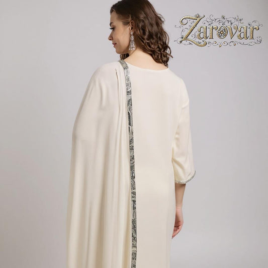 Cream Embroidered Kurta Palazzo Set With Dupatta