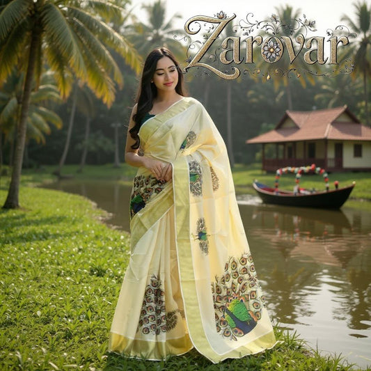 Elegant Kerala Silk Cotton Saree with Peacock Design