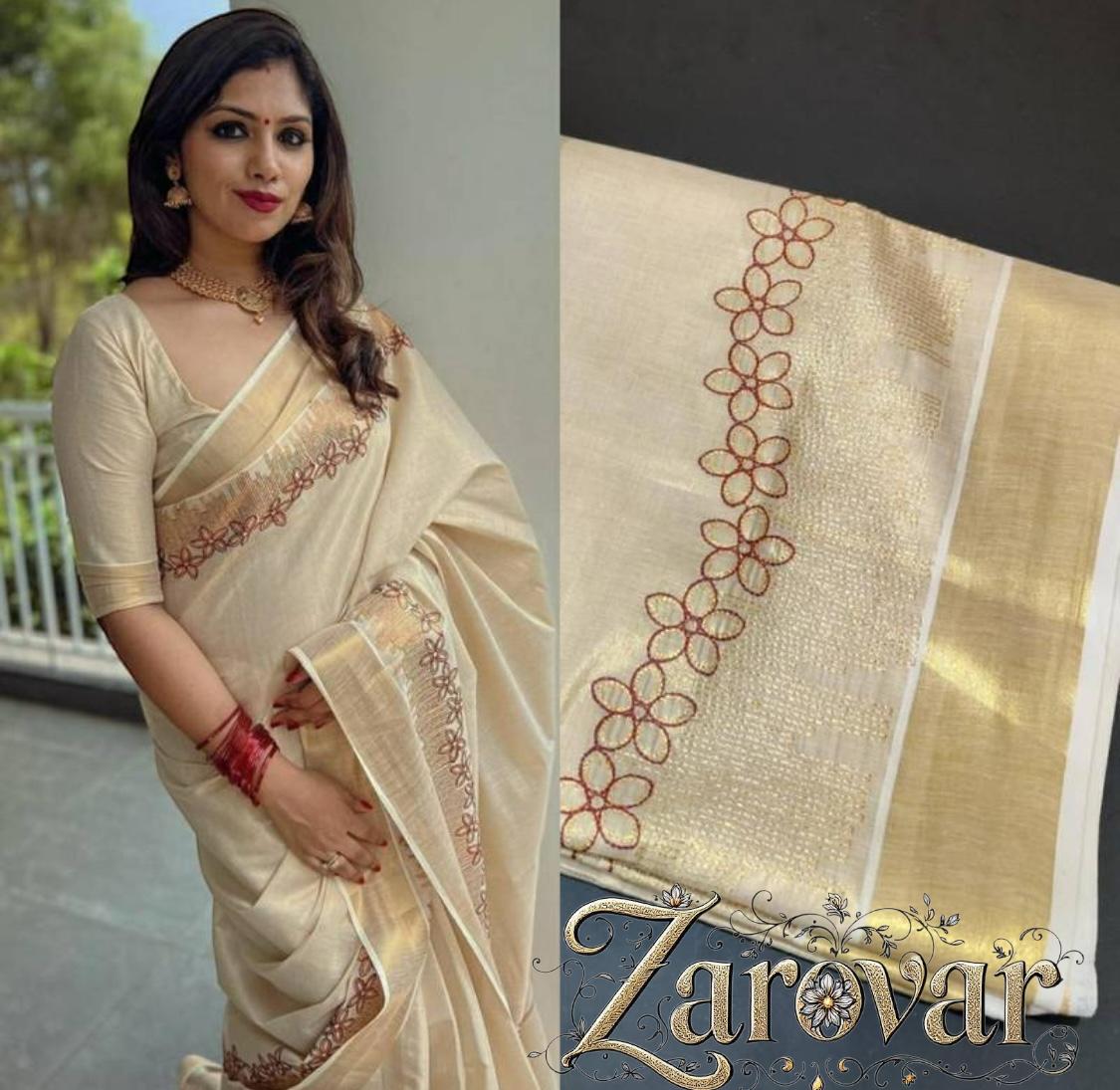 Flower Shade Golden Tissue Embroidered Saree