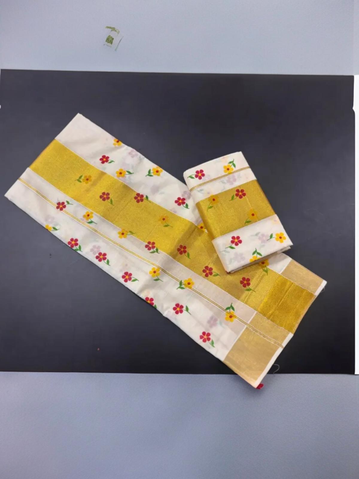 Micro Flower Golden Kasavu Cotton Set Mundu