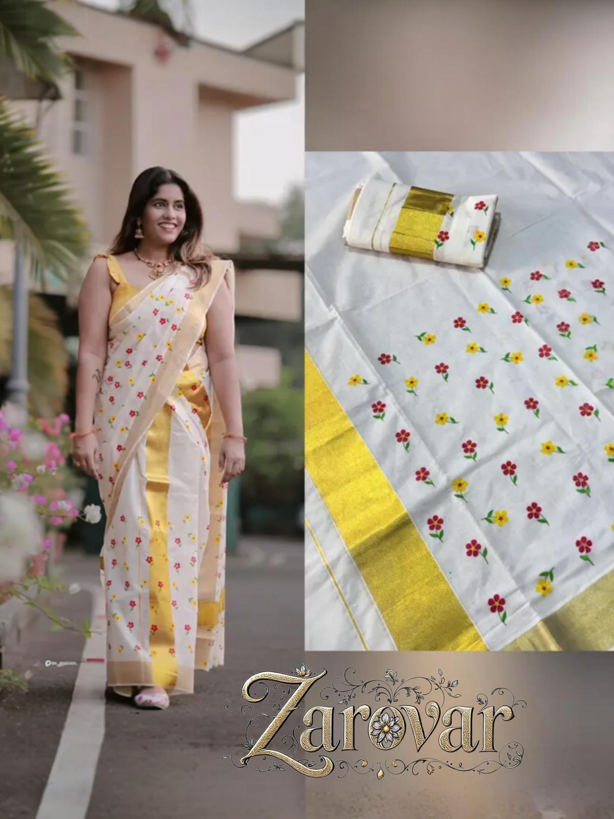 Micro Flower Golden Kasavu Cotton Set Mundu
