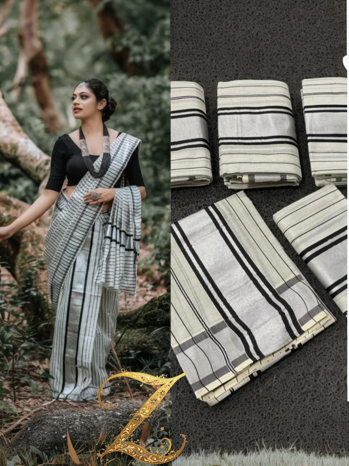 Silver tissue black lined set mundu