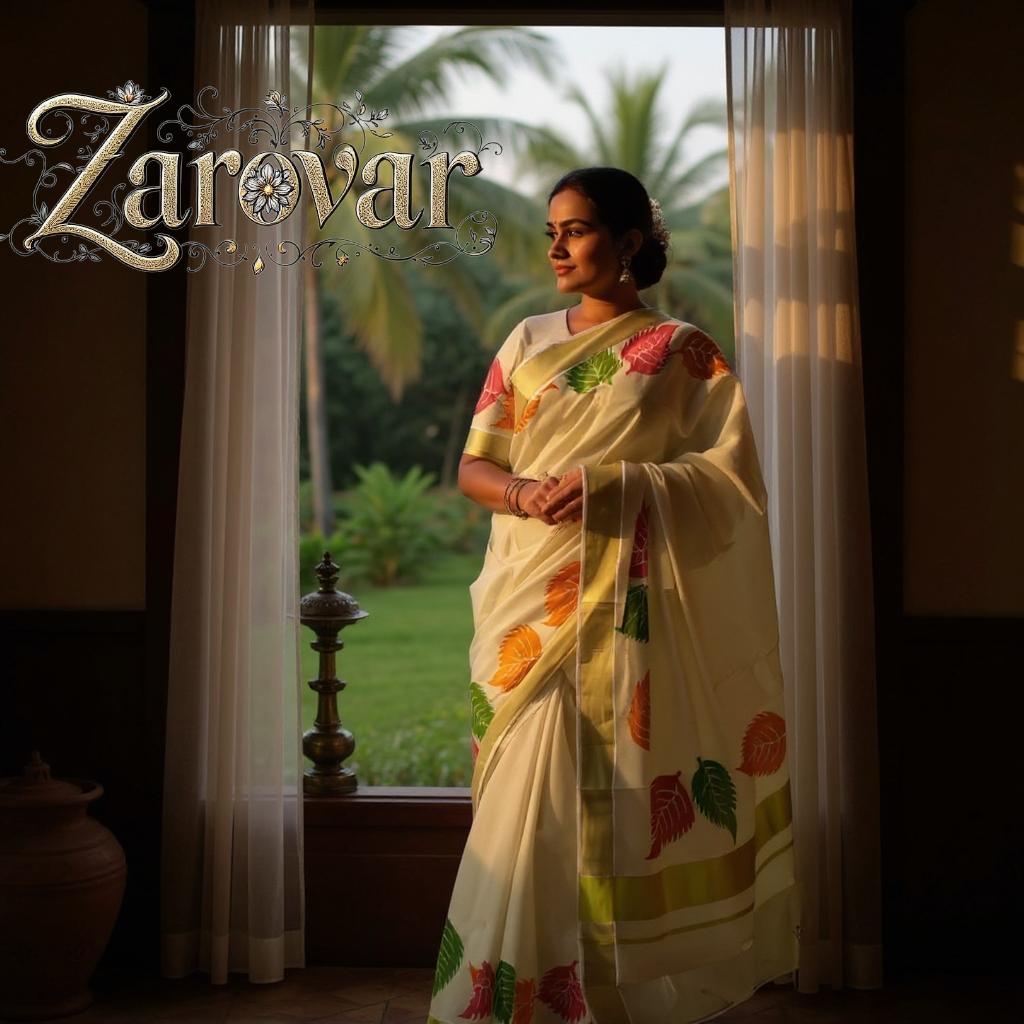 Elegant Multi-Colorerd Leaf Printed Golden Tissue Saree