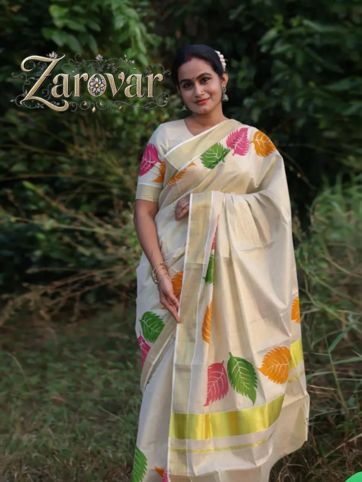 Elegant Multi-Colorerd Leaf Printed Golden Tissue Saree