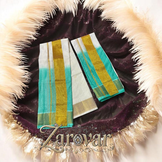 Elegant Teal Tie-dyed Cotton Set Mundu