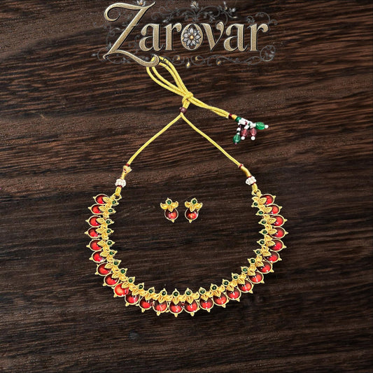 Antique Style Leaf Motif Necklace Set – Red & Green Accents