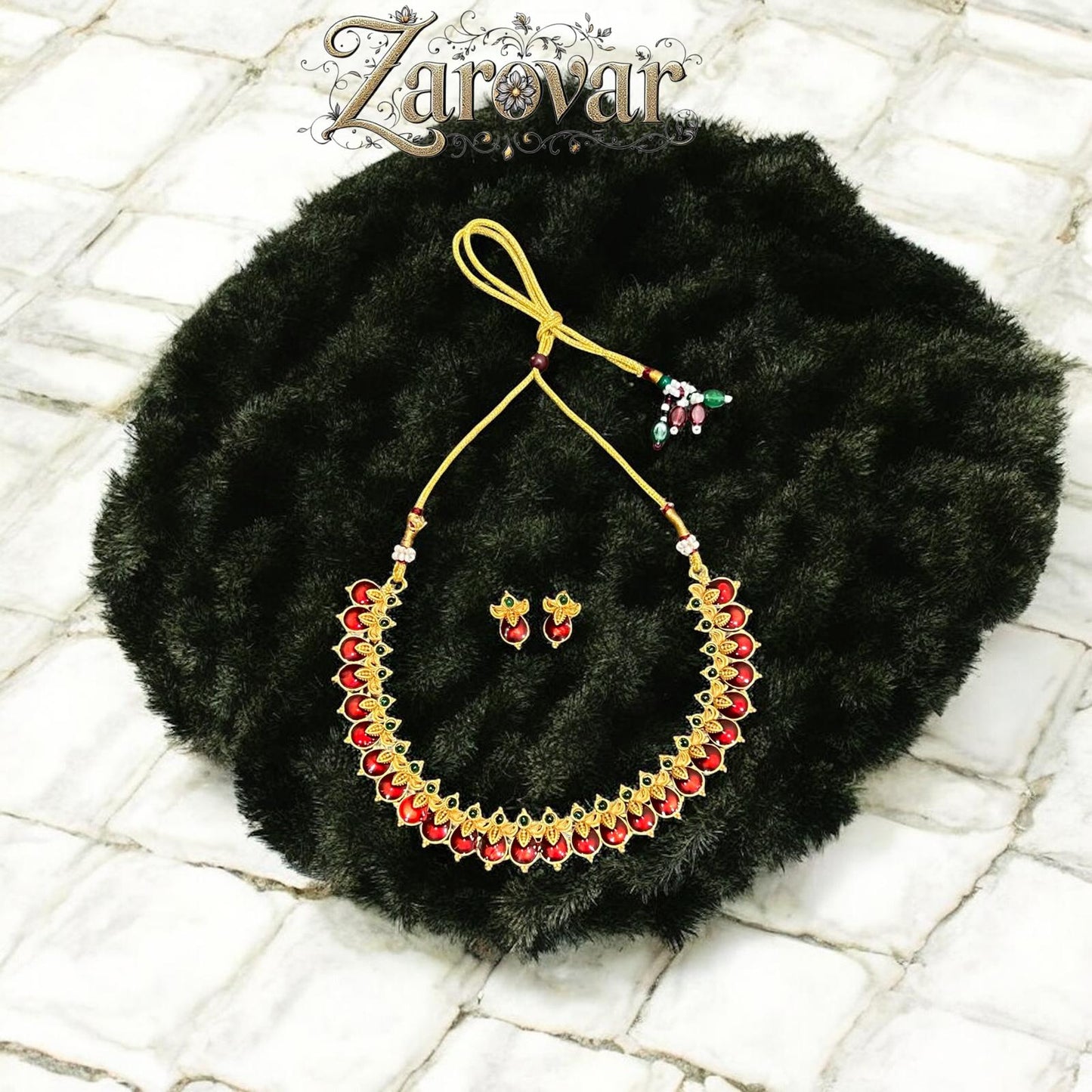 Antique Style Leaf Motif Necklace Set – Red & Green Accents