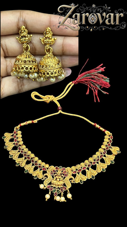 Antique Gold Plated Red & Green AD Stoned Temple Necklace
