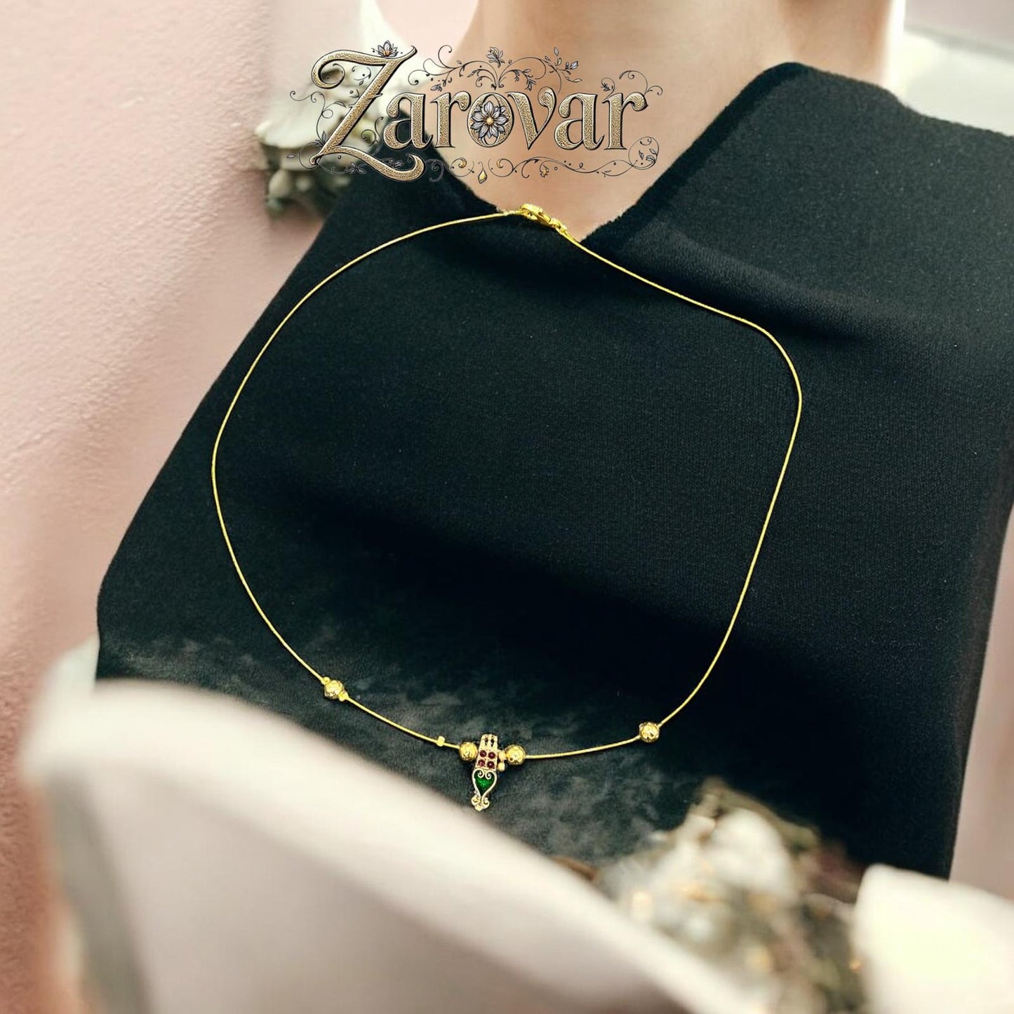 Invisible wire design with Palakka Pendant and Jadau Green