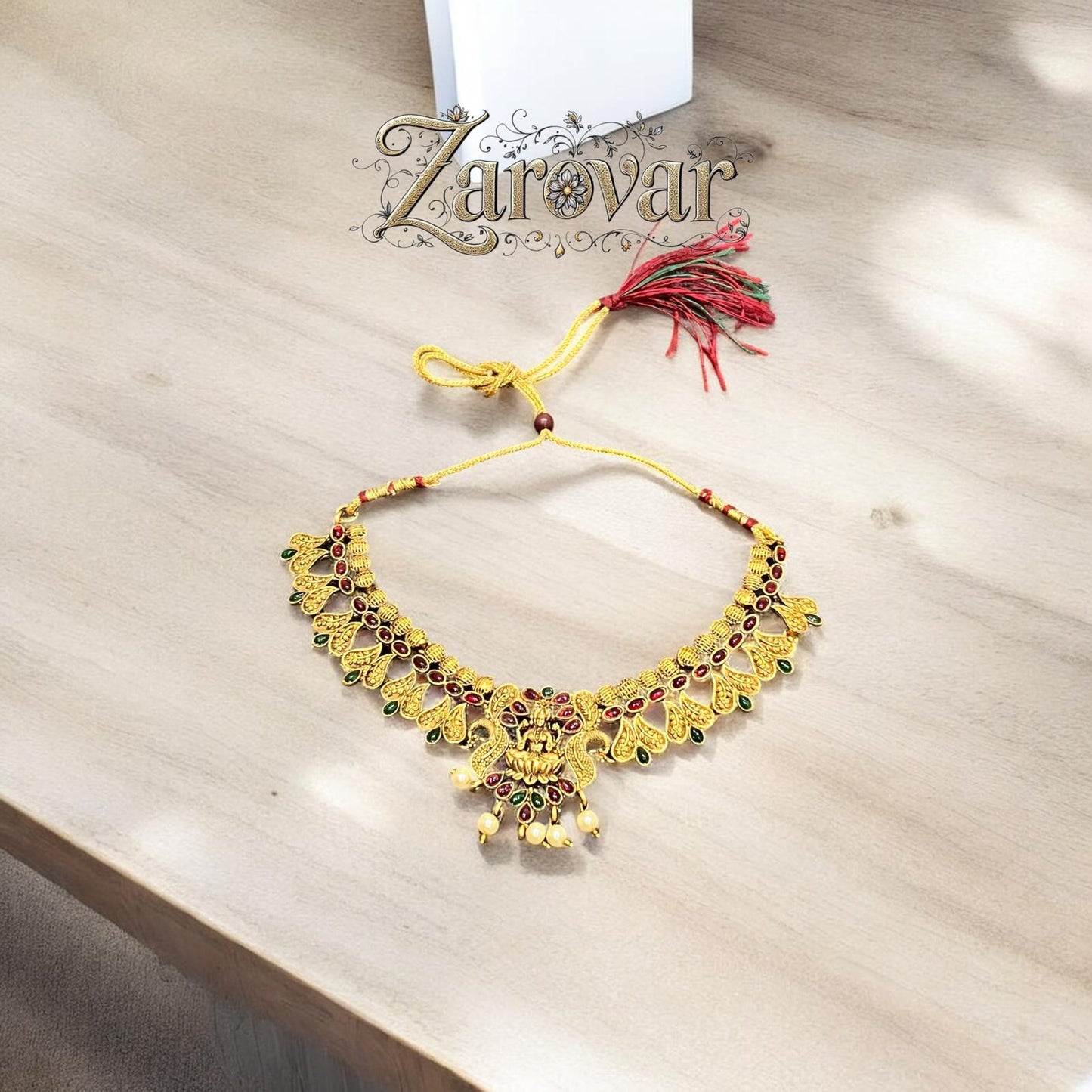 Antique Gold Plated Red & Green AD Stoned Temple Necklace