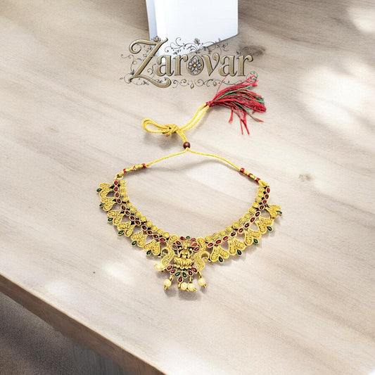 Antique Gold Plated Red & Green AD Stoned Temple Necklace