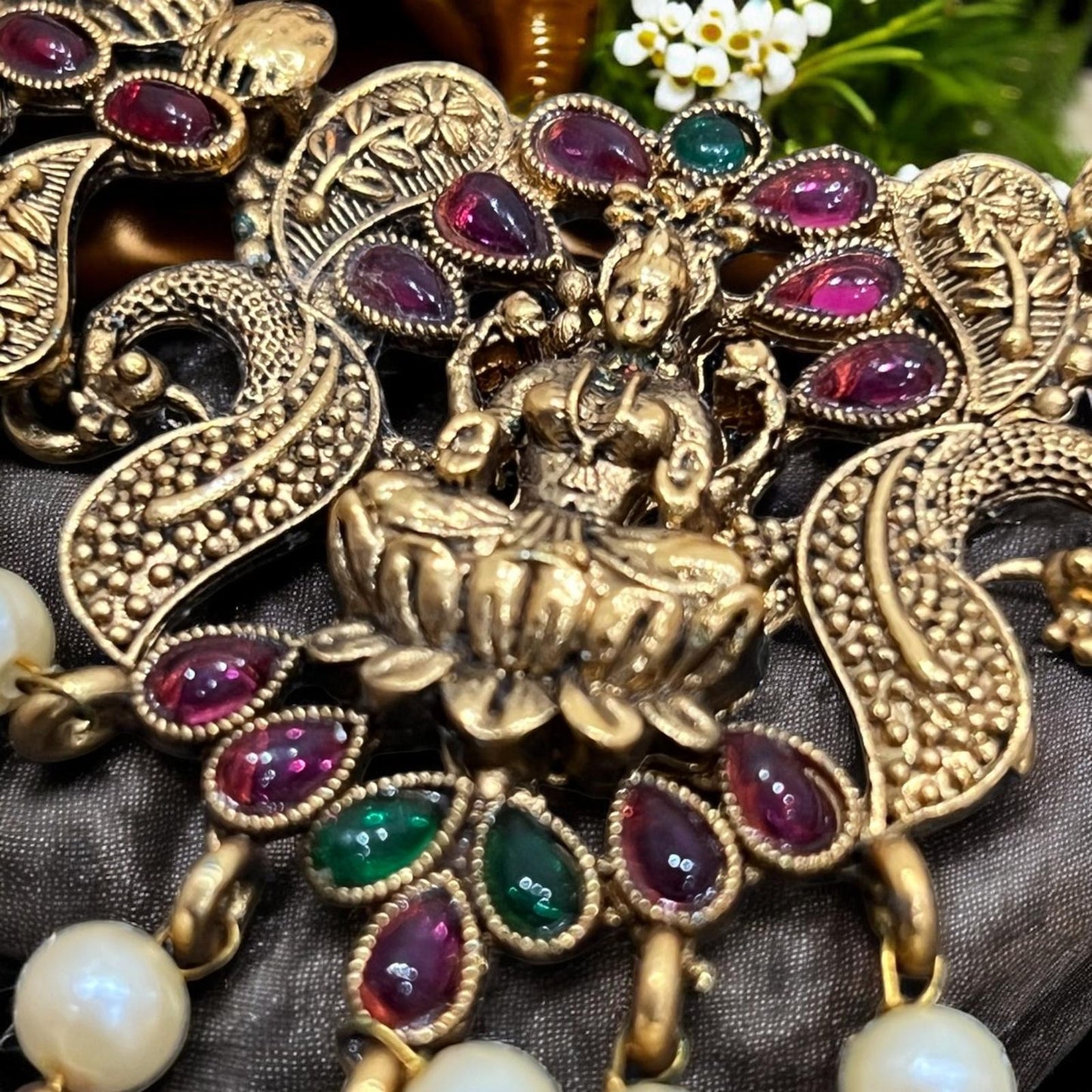 Antique Gold Plated Red & Green AD Stoned Temple Necklace