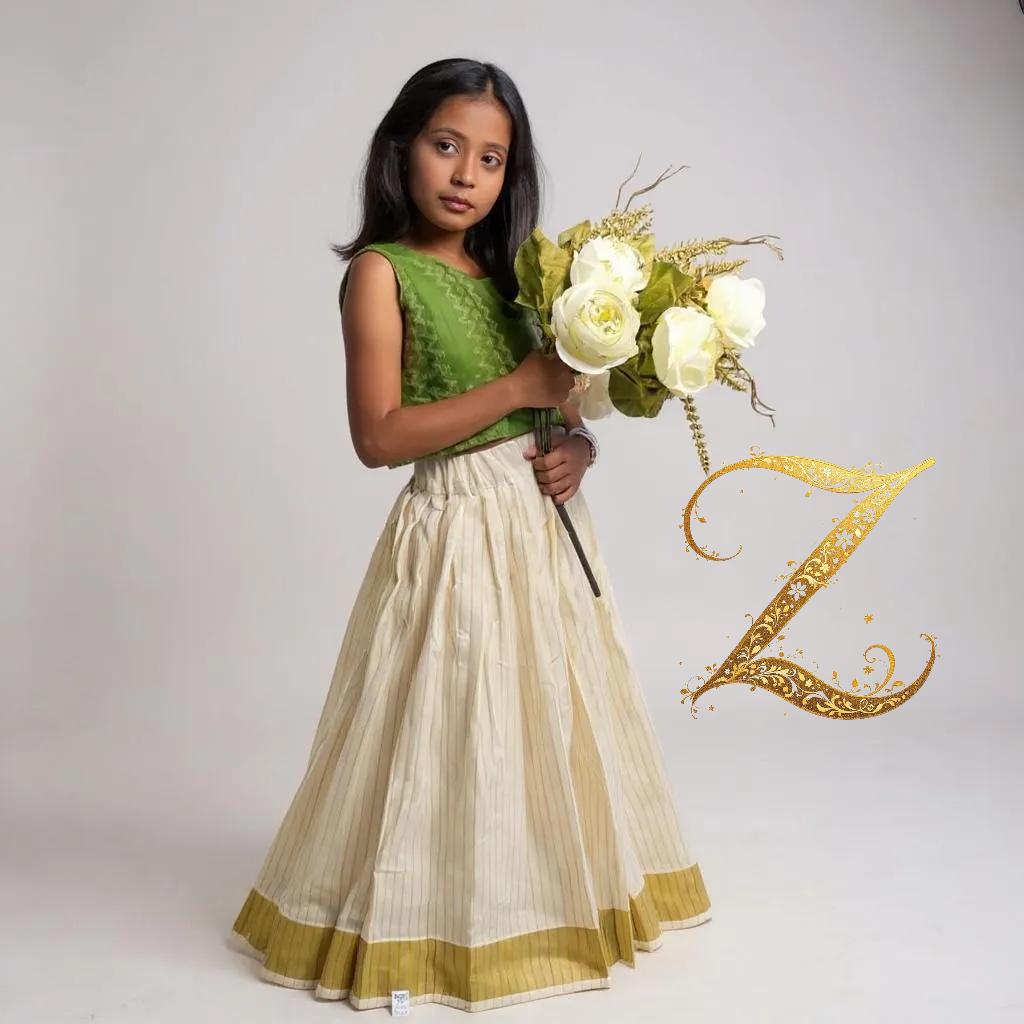 Kids Pattupavada with Pale Green Brocade Blouse