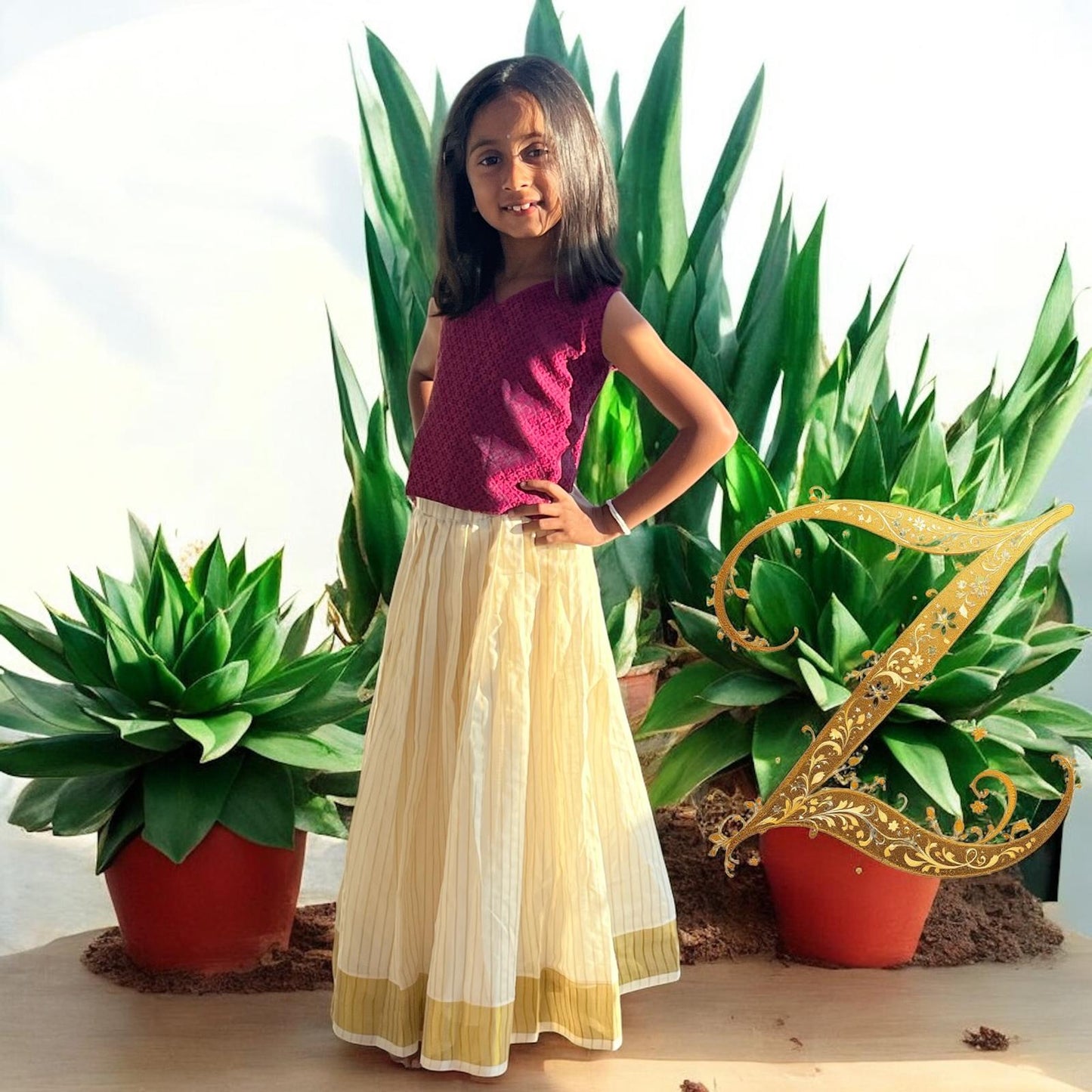 Kids Pattupavada with Purple, Green coloured Brocade Blouse