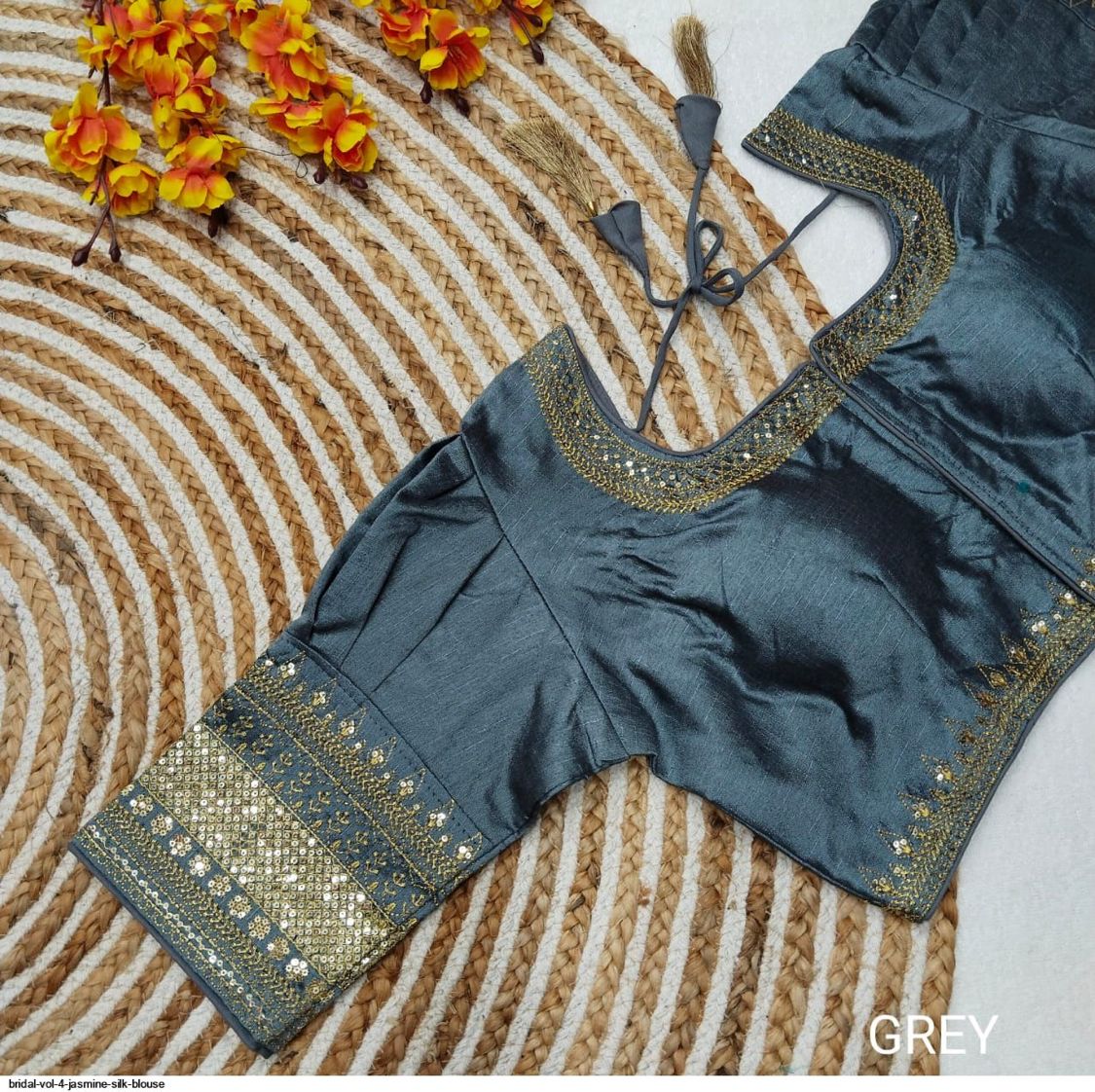 Jasmine Silk Embroidered Blouse – Grey