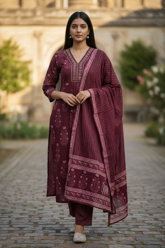 Elegant A-Line Block Printed Cotton Kurta Set