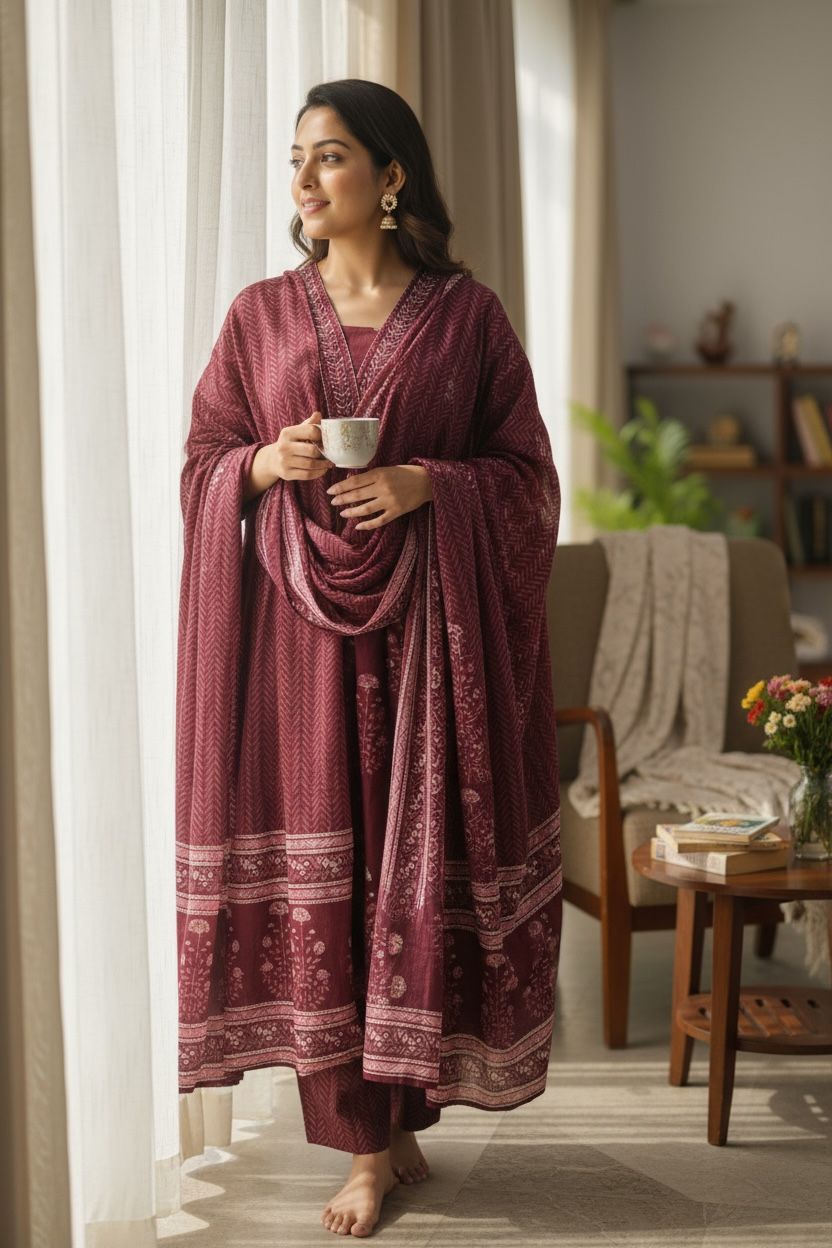 Elegant A-Line Block Printed Cotton Kurta Set
